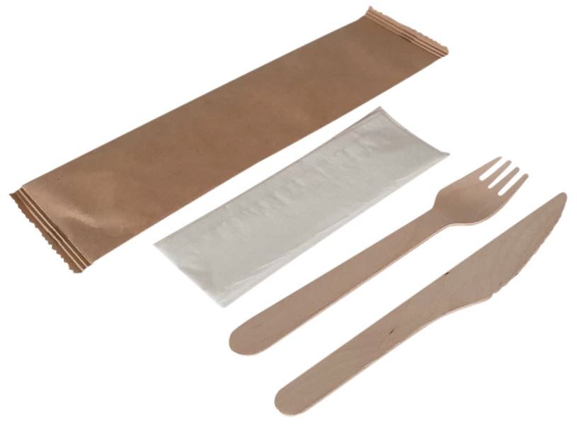 Kit couverts bois 3/1 (fourchette, couteau et serviette) - Carton de 250