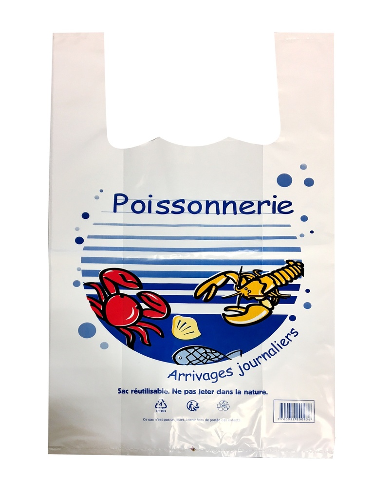 Sacs bretelles blanc POISSONNERIE 50 microns - 26x12x45 cm - COLIS DE 500 EX