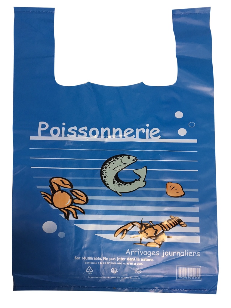 Sacs bretelles bleu POISSONNERIE 50 microns - 26x12x45 cm - COLIS DE 500 EX