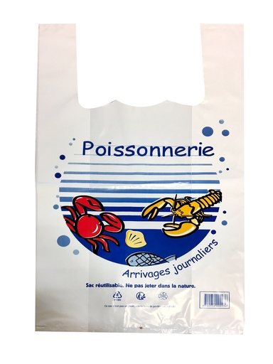 [PPPOISSON50] Sacs bretelles blanc POISSONNERIE 50 microns - 26x12x45 cm - COLIS DE 500 EX